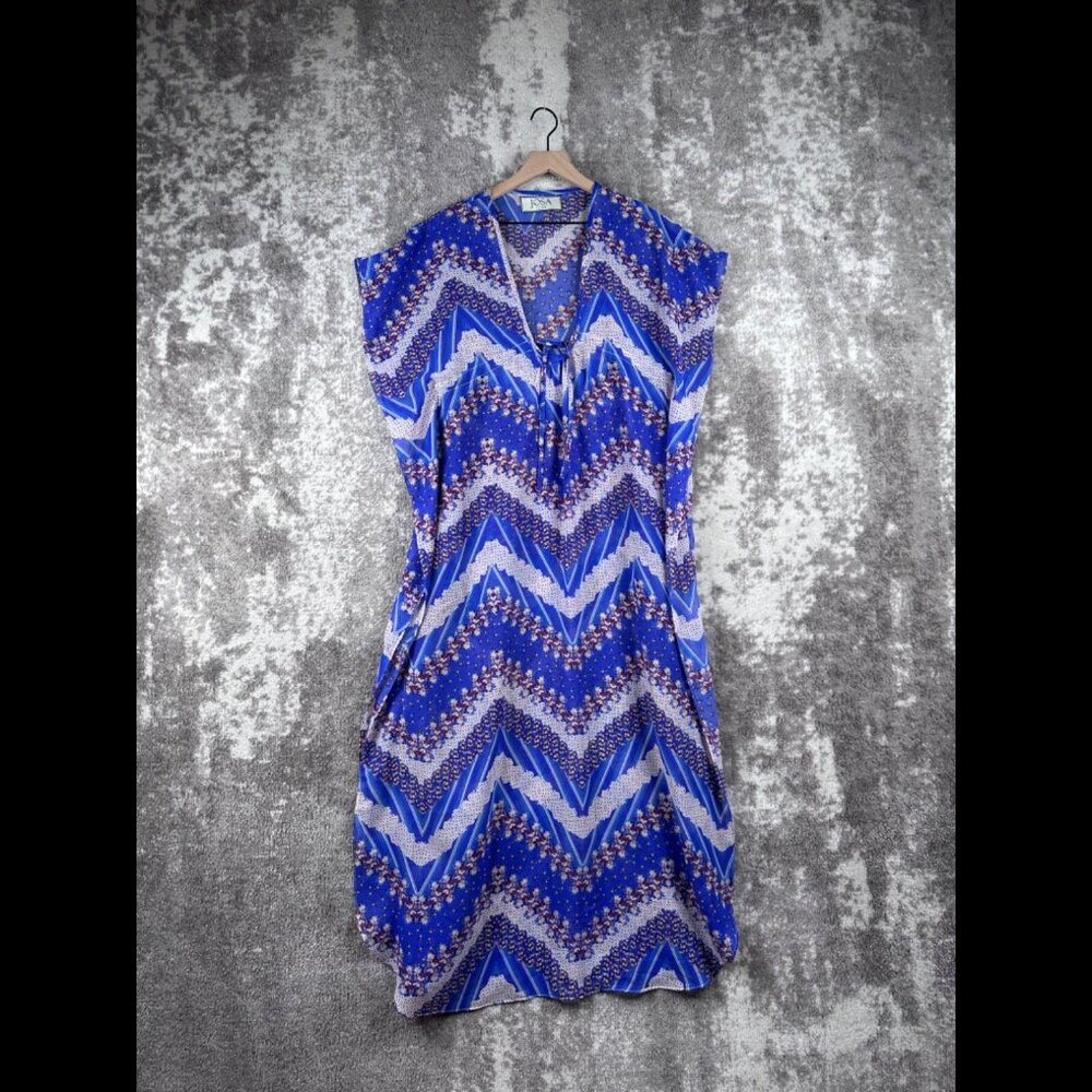 Josa Tulum Dress OS Womens Blue Kaftan Drape Maxi / Midi Boho Geometric